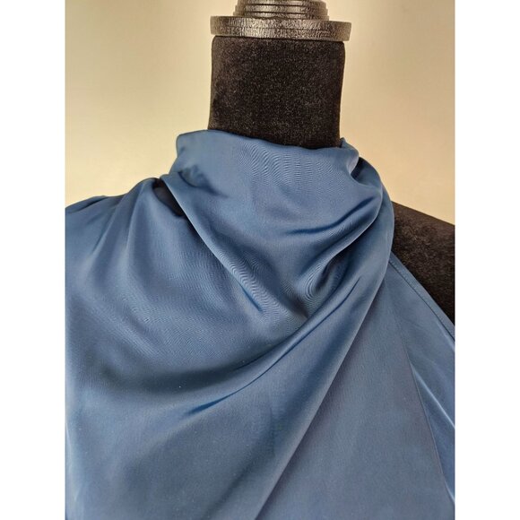 Elegant Womens Navy Satin Halter Neck Midi Dress Keyhole Pearl Size S Wedding - Picture 7 of 12